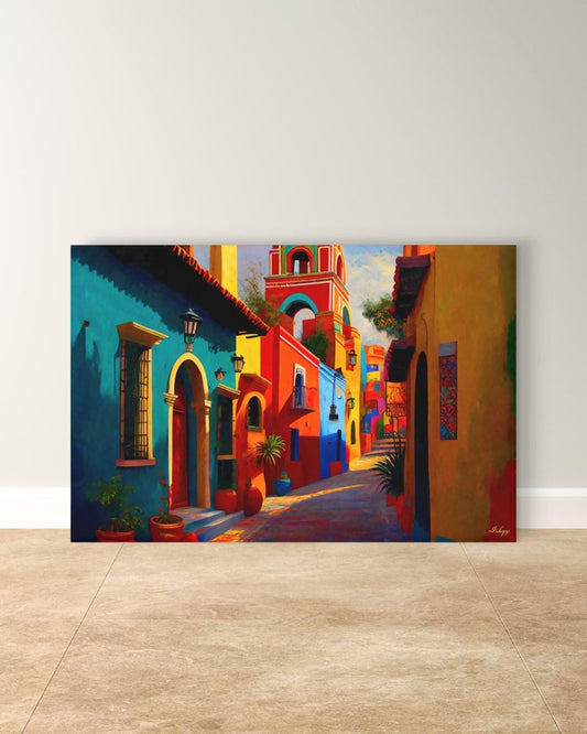 Mexican Village Cityscape Painting Canvas Framed Canvas, Colorful Colonial Street Art Print, Mexico Wall Art For Living Room Bedroom Decor