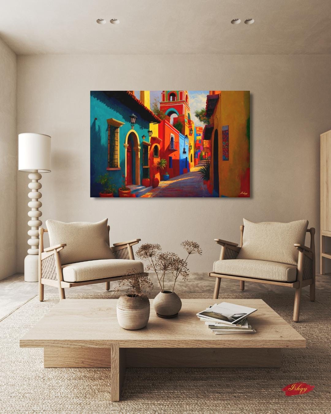 Mexican Village Cityscape Painting Canvas Framed Canvas, Colorful Colonial Street Art Print, Mexico Wall Art For Living Room Bedroom Decor