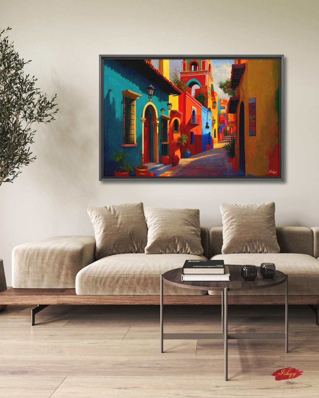 Mexican Village Cityscape Painting Canvas Framed Canvas, Colorful Colonial Street Art Print, Mexico Wall Art For Living Room Bedroom Decor