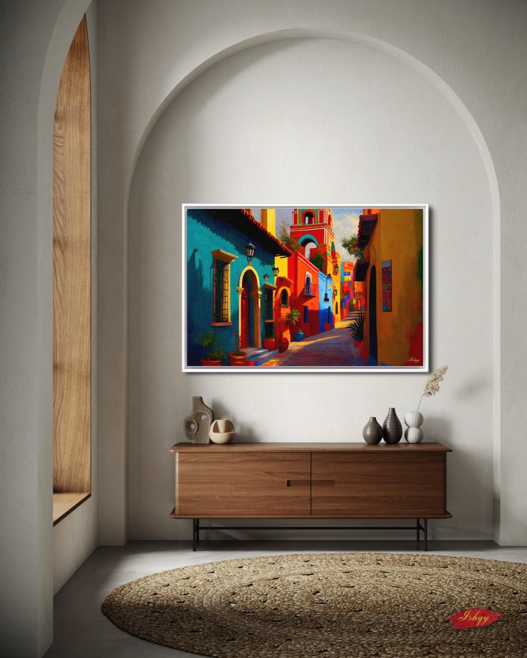 Mexican Village Cityscape Painting Canvas Framed Canvas, Colorful Colonial Street Art Print, Mexico Wall Art For Living Room Bedroom Decor