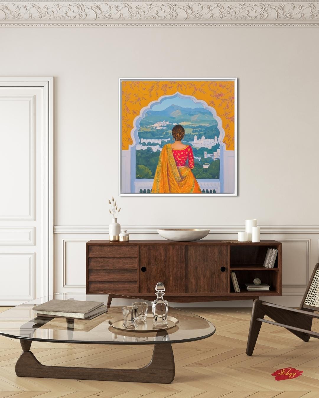 Rajasthan Palace View Indian Woman Wall Art Print, Canvas, Framed Canvas, Saree Jharokha Painting, Boho Home Decor for Living Room Bedroom
