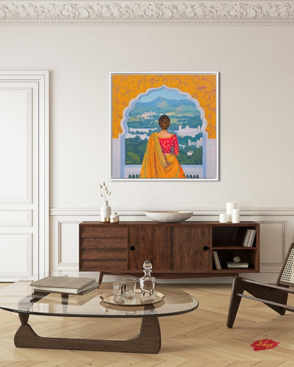 Rajasthan Palace View Indian Woman Wall Art Print, Canvas, Framed Canvas, Saree Jharokha Painting, Boho Home Decor for Living Room Bedroom
