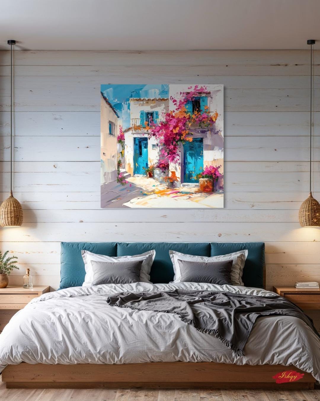 Greek Island House Wall Art Print Canvas Framed Canvas Whitewashed Blue Doors Bougainvillea Mediterranean Coastal Village Painting Decor