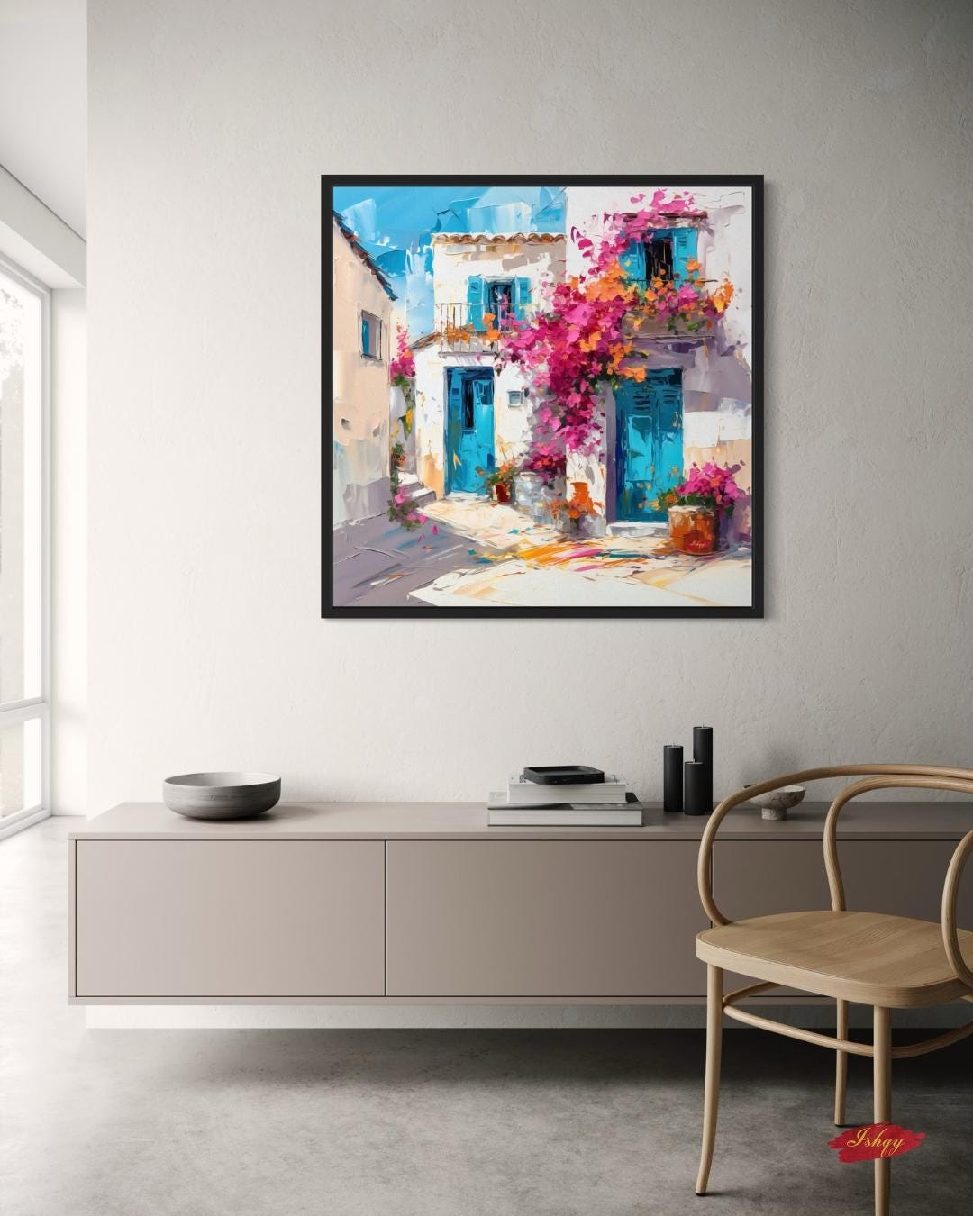 Greek Island House Wall Art Print Canvas Framed Canvas Whitewashed Blue Doors Bougainvillea Mediterranean Coastal Village Painting Decor