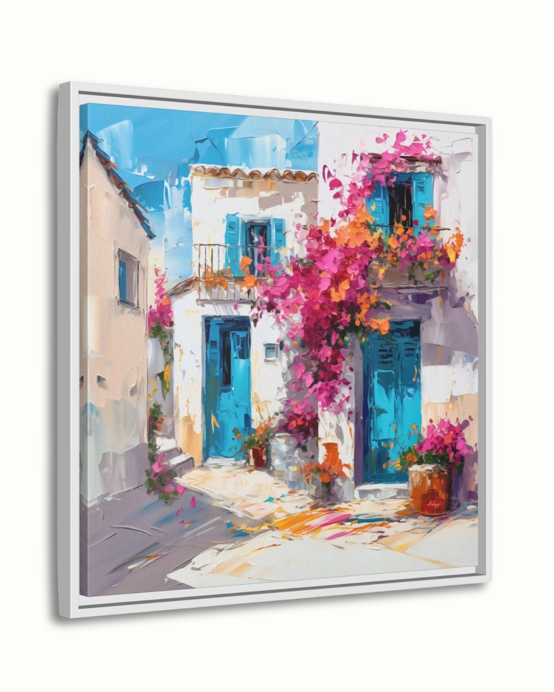 Greek Island House Wall Art Print Canvas Framed Canvas Whitewashed Blue Doors Bougainvillea Mediterranean Coastal Village Painting Decor
