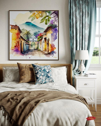 Antigua Guatemala Wall Art Square Canvas Print, Colonial Street Painting Print, Watercolor Cityscape Wall Decor, Framed Travel Art for Home