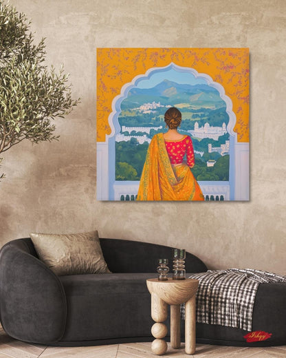 Rajasthan Palace View Indian Woman Wall Art Print, Canvas, Framed Canvas, Saree Jharokha Painting, Boho Home Decor for Living Room Bedroom