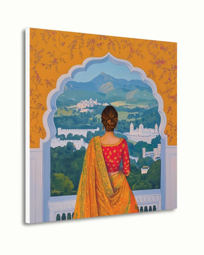 Rajasthan Palace View Indian Woman Wall Art Print, Canvas, Framed Canvas, Saree Jharokha Painting, Boho Home Decor for Living Room Bedroom