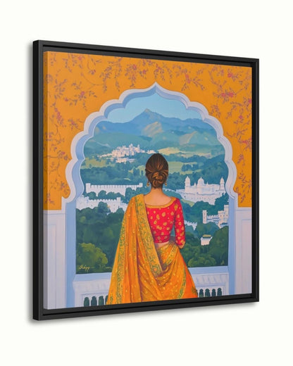 Rajasthan Palace View Indian Woman Wall Art Print, Canvas, Framed Canvas, Saree Jharokha Painting, Boho Home Decor for Living Room Bedroom