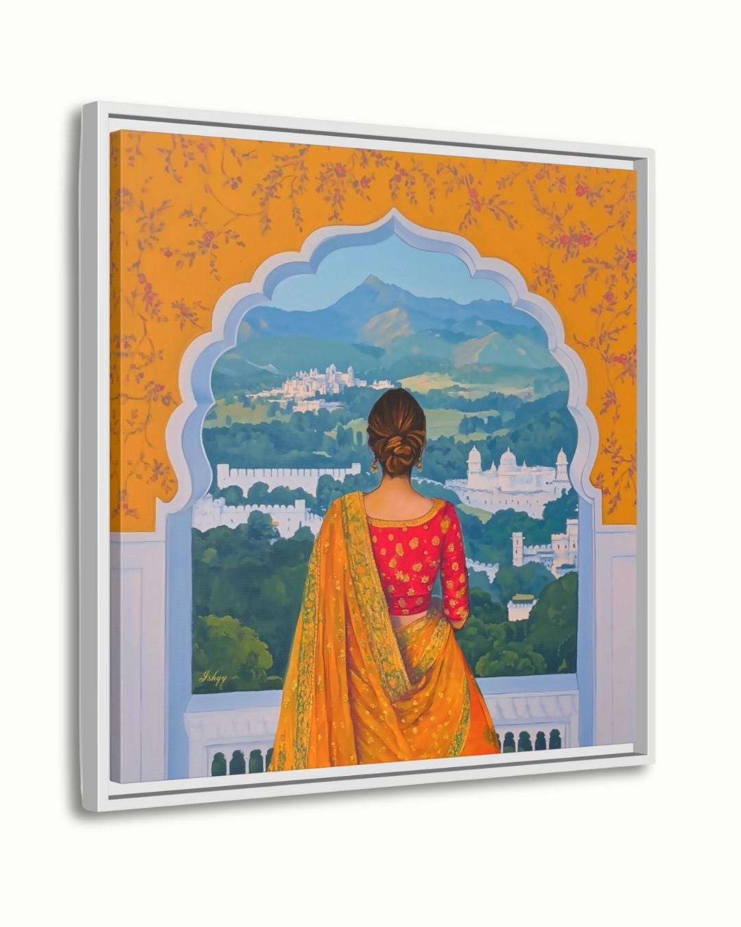 Rajasthan Palace View Indian Woman Wall Art Print, Canvas, Framed Canvas, Saree Jharokha Painting, Boho Home Decor for Living Room Bedroom