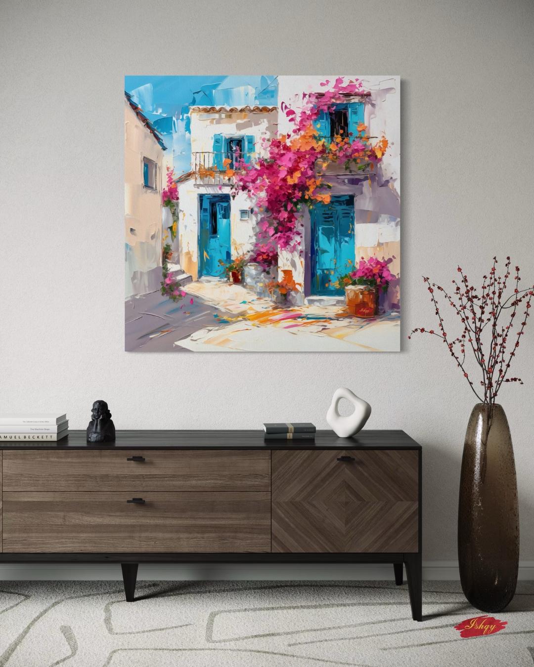 Greek Island House Wall Art Print Canvas Framed Canvas Whitewashed Blue Doors Bougainvillea Mediterranean Coastal Village Painting Decor