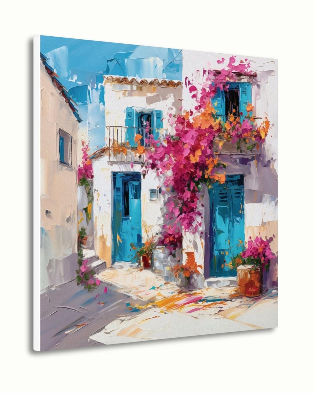 Greek Island House Wall Art Print Canvas Framed Canvas Whitewashed Blue Doors Bougainvillea Mediterranean Coastal Village Painting Decor