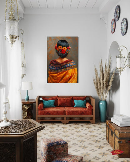 Mexican Woman Portrait Wall Art Print Canvas Framed Canvas, Floral Hair Folk Art Painting, Colorful Boho Decor for Bedroom Living Room Home