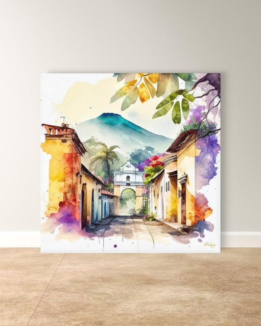 Antigua Guatemala Wall Art Square Canvas Print, Colonial Street Painting Print, Watercolor Cityscape Wall Decor, Framed Travel Art for Home