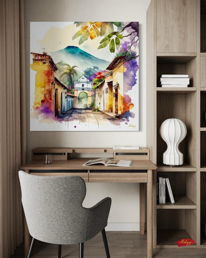 Antigua Guatemala Wall Art Square Canvas Print, Colonial Street Painting Print, Watercolor Cityscape Wall Decor, Framed Travel Art for Home