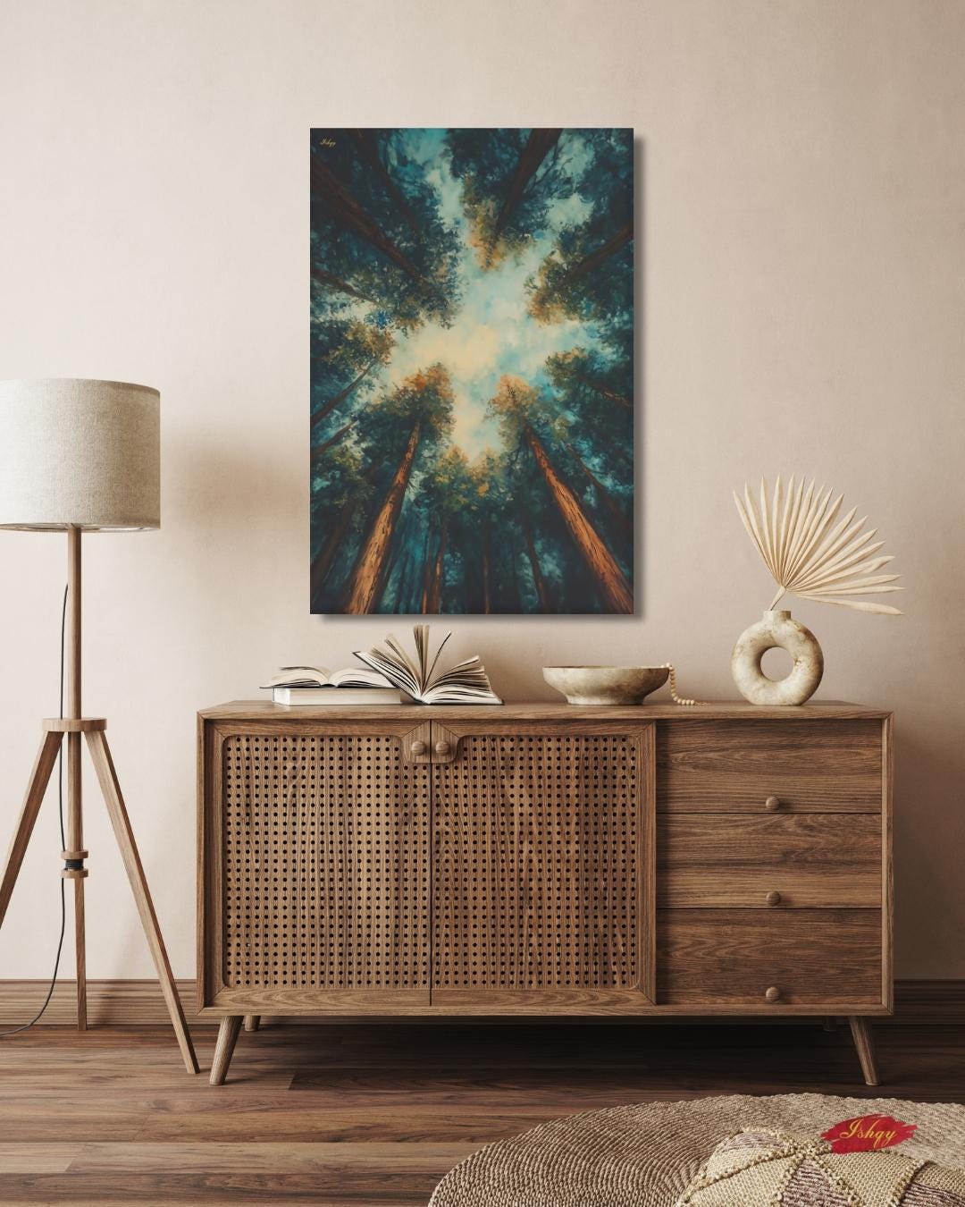 Redwood Forest Canopy Painting, California Nature Landscape Wall Art, Tranquil Tree Perspective Canvas for Living Room, Bedroom, or Office Decor