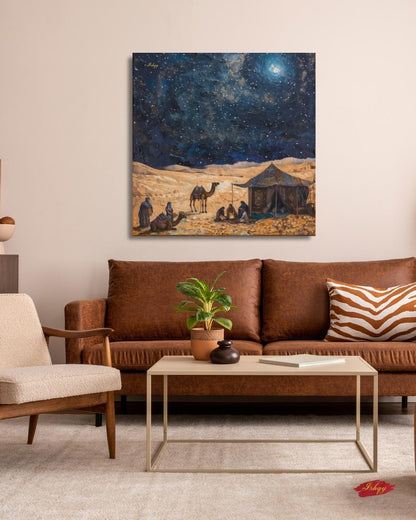 Desert Night Art, Middle Eastern Canvas, Starry Sky Print, Caravan Tent Scene, Nomad Landscape Wall Decor, Cultural Travel Artwork