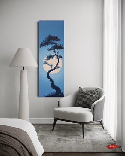 Moonlit Bonsai Tree Wall Art, Japanese Zen Landscape Canvas, Minimal Blue Night Painting, Tranquil Nature Print, Serene Asian Home Decor