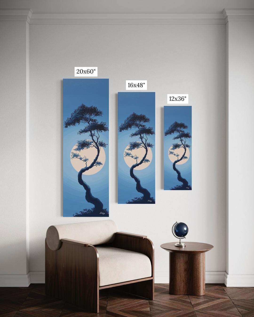 Moonlit Bonsai Tree Wall Art, Japanese Zen Landscape Canvas, Minimal Blue Night Painting, Tranquil Nature Print, Serene Asian Home Decor