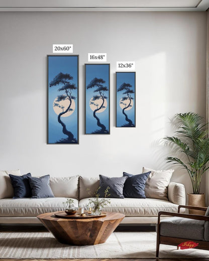 Moonlit Bonsai Tree Wall Art, Japanese Zen Landscape Canvas, Minimal Blue Night Painting, Tranquil Nature Print, Serene Asian Home Decor