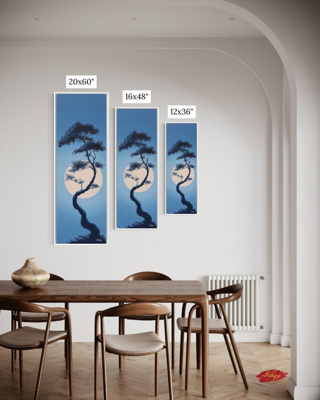 Moonlit Bonsai Tree Wall Art, Japanese Zen Landscape Canvas, Minimal Blue Night Painting, Tranquil Nature Print, Serene Asian Home Decor