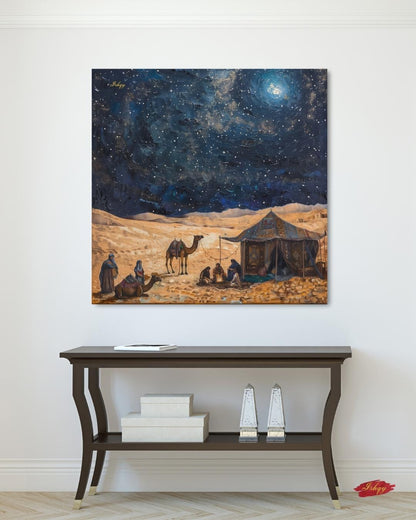 Desert Night Art, Middle Eastern Canvas, Starry Sky Print, Caravan Tent Scene, Nomad Landscape Wall Decor, Cultural Travel Artwork