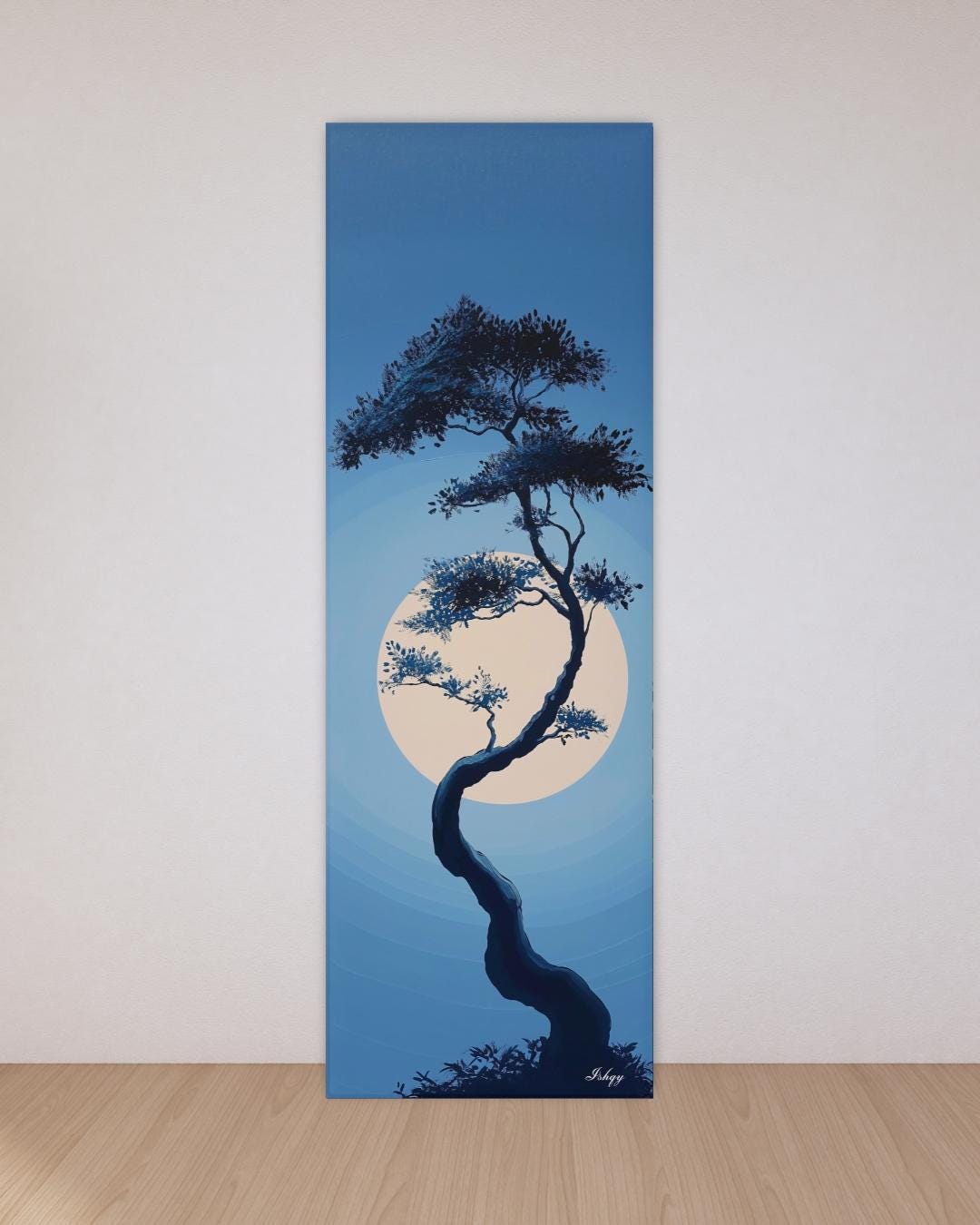 Moonlit Bonsai Tree Wall Art, Japanese Zen Landscape Canvas, Minimal Blue Night Painting, Tranquil Nature Print, Serene Asian Home Decor