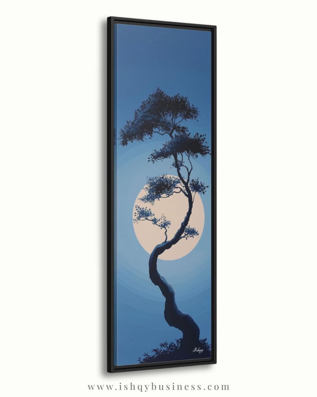 Moonlit Bonsai Tree Wall Art, Japanese Zen Landscape Canvas, Minimal Blue Night Painting, Tranquil Nature Print, Serene Asian Home Decor