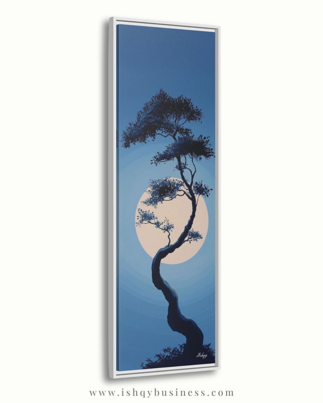 Moonlit Bonsai Tree Wall Art, Japanese Zen Landscape Canvas, Minimal Blue Night Painting, Tranquil Nature Print, Serene Asian Home Decor