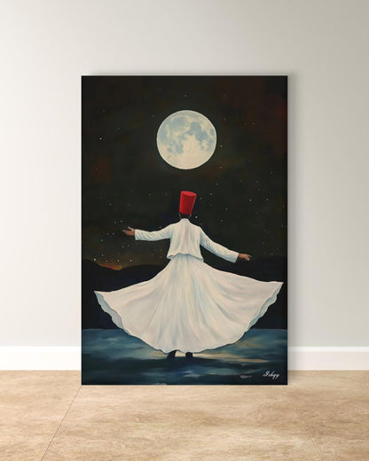 Whirling Dervish Wall Art Sufi Dance Canvas Rumi Inspired Moonlit Painting Spiritual Islamic Art Meditation Home Decor