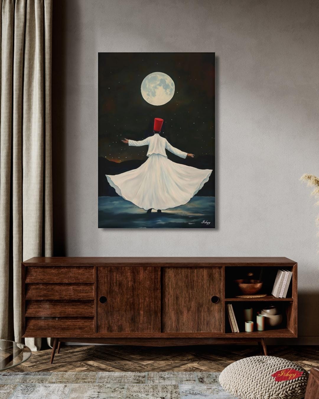 Whirling Dervish Wall Art Sufi Dance Canvas Rumi Inspired Moonlit Painting Spiritual Islamic Art Meditation Home Decor