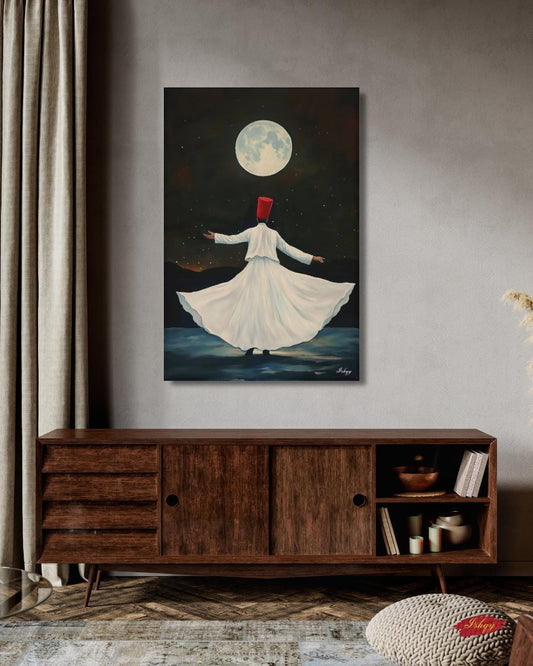 Whirling Dervish Wall Art Sufi Dance Canvas Rumi Inspired Moonlit Painting Spiritual Islamic Art Meditation Home Decor
