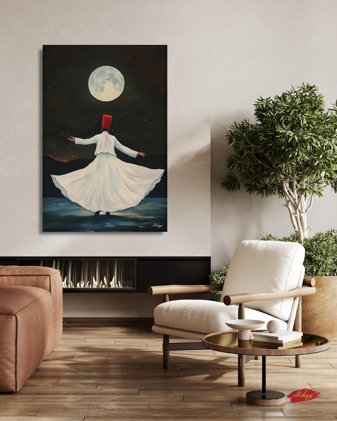 Whirling Dervish Wall Art Sufi Dance Canvas Rumi Inspired Moonlit Painting Spiritual Islamic Art Meditation Home Decor