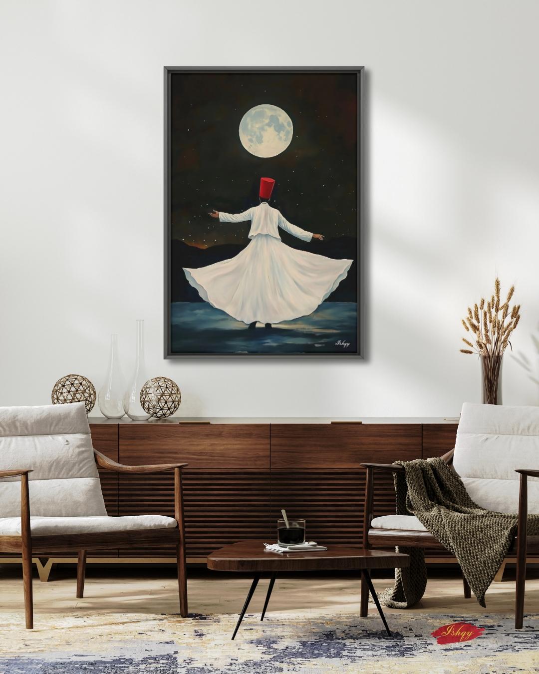 Whirling Dervish Wall Art Sufi Dance Canvas Rumi Inspired Moonlit Painting Spiritual Islamic Art Meditation Home Decor