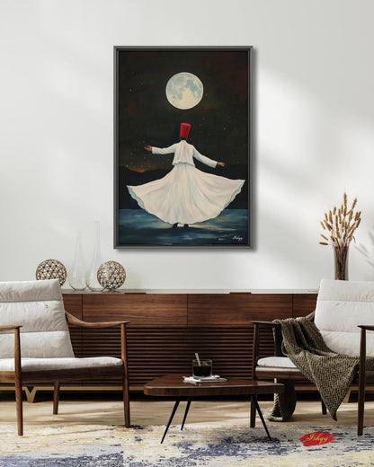 Whirling Dervish Wall Art Sufi Dance Canvas Rumi Inspired Moonlit Painting Spiritual Islamic Art Meditation Home Decor