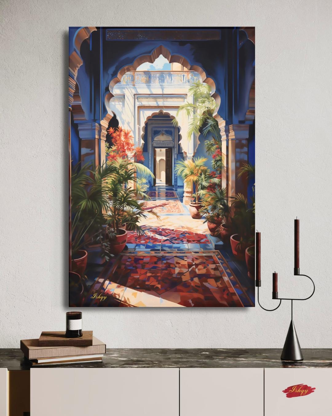 Moroccan Courtyard Wall Art, Riad Arch Painting, Islamic Architecture Canvas, Mediterranean Home Decor, Travel Art Print