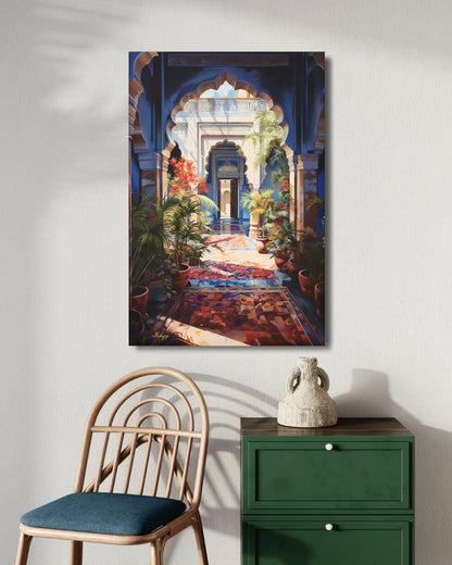 Moroccan Courtyard Wall Art, Riad Arch Painting, Islamic Architecture Canvas, Mediterranean Home Decor, Travel Art Print