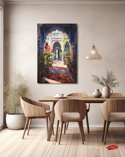 Moroccan Courtyard Wall Art, Riad Arch Painting, Islamic Architecture Canvas, Mediterranean Home Decor, Travel Art Print