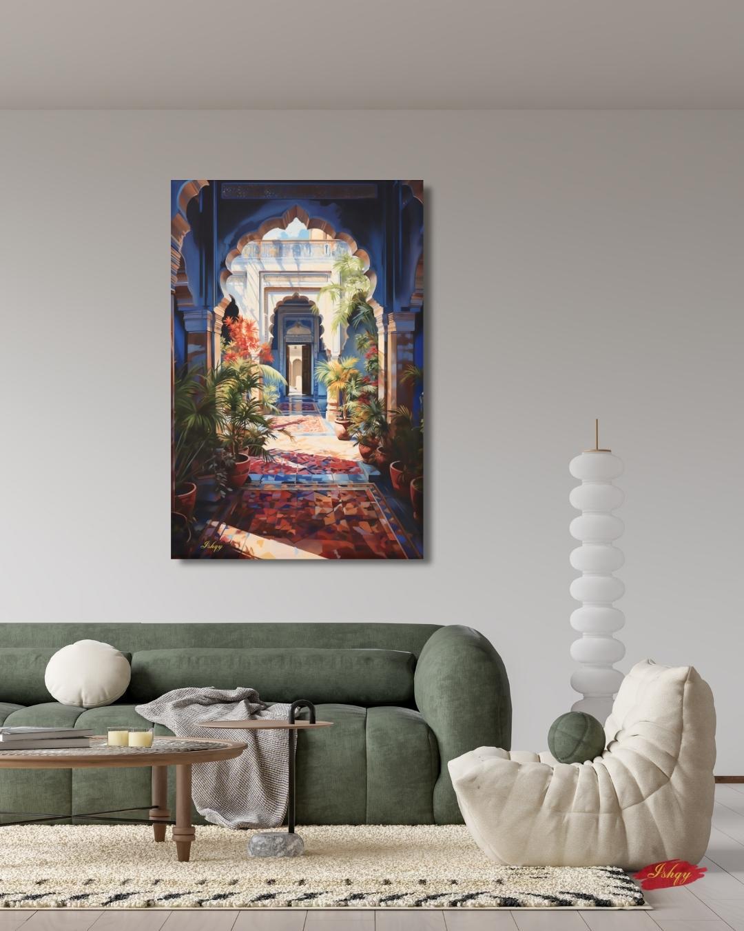 Moroccan Courtyard Wall Art, Riad Arch Painting, Islamic Architecture Canvas, Mediterranean Home Decor, Travel Art Print