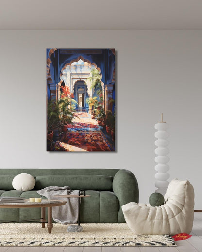 Moroccan Courtyard Wall Art, Riad Arch Painting, Islamic Architecture Canvas, Mediterranean Home Decor, Travel Art Print