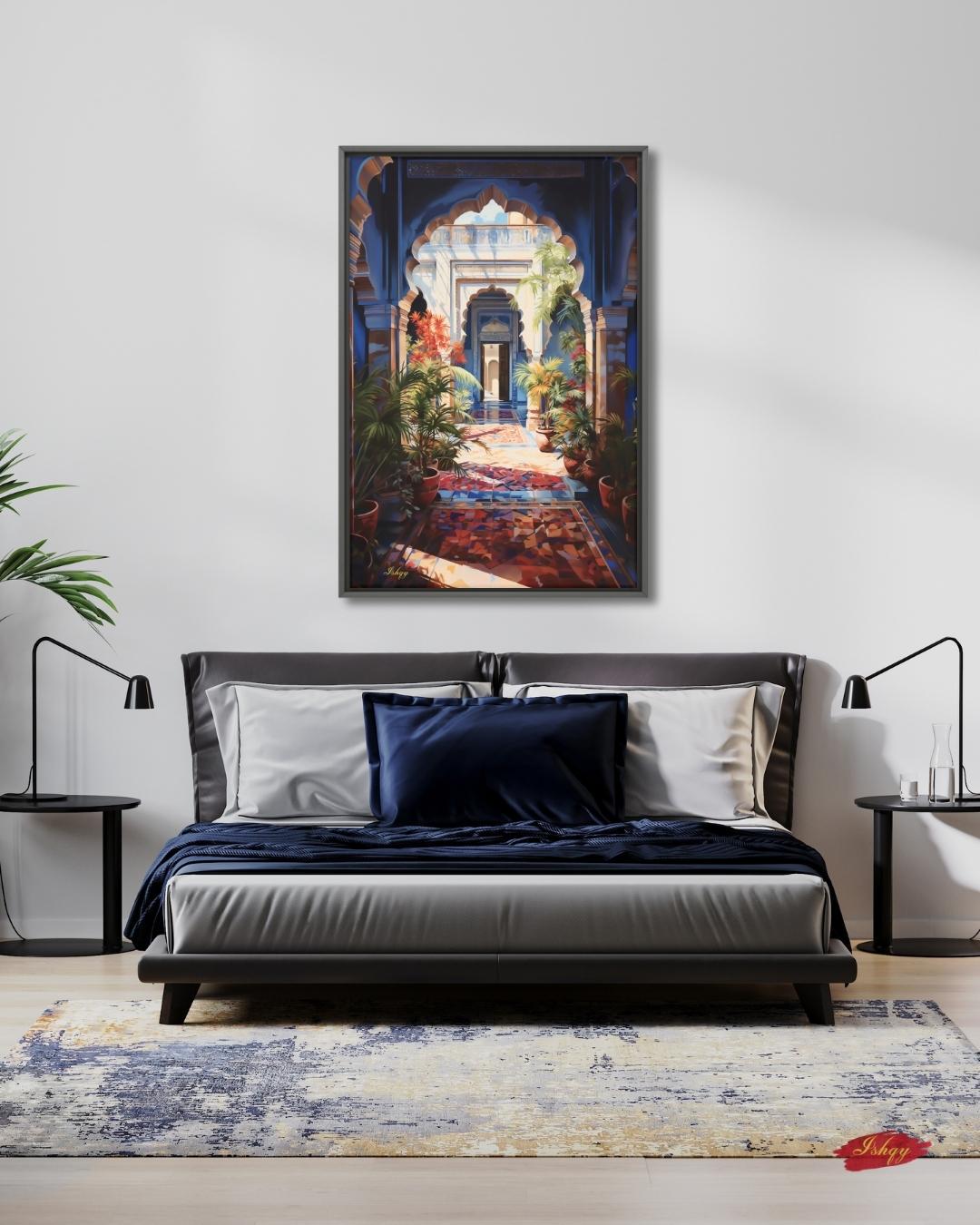 Moroccan Courtyard Wall Art, Riad Arch Painting, Islamic Architecture Canvas, Mediterranean Home Decor, Travel Art Print