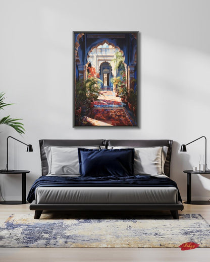 Moroccan Courtyard Wall Art, Riad Arch Painting, Islamic Architecture Canvas, Mediterranean Home Decor, Travel Art Print