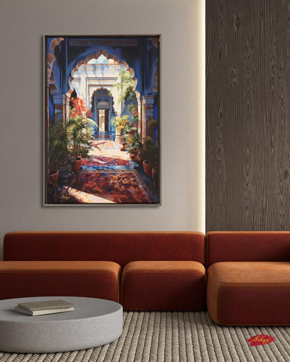 Moroccan Courtyard Wall Art, Riad Arch Painting, Islamic Architecture Canvas, Mediterranean Home Decor, Travel Art Print