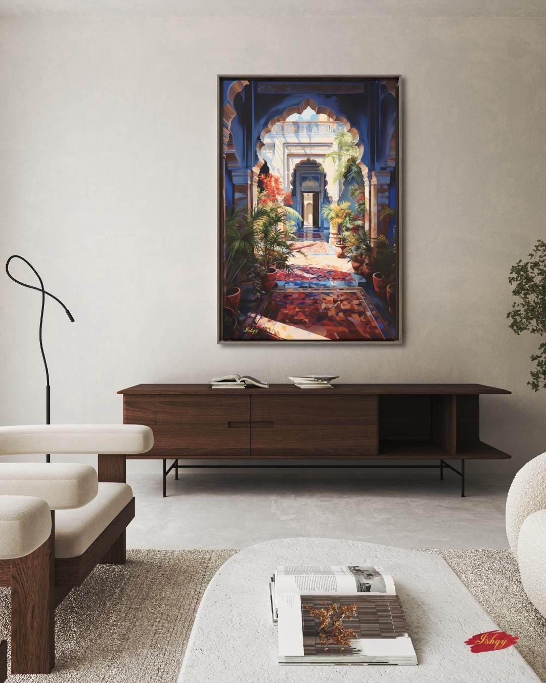 Moroccan Courtyard Wall Art, Riad Arch Painting, Islamic Architecture Canvas, Mediterranean Home Decor, Travel Art Print