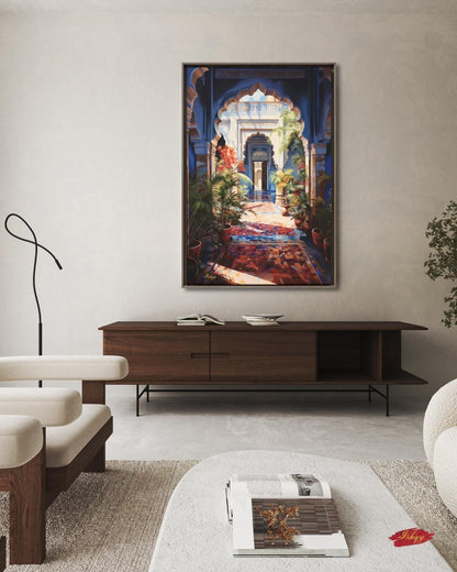 Moroccan Courtyard Wall Art, Riad Arch Painting, Islamic Architecture Canvas, Mediterranean Home Decor, Travel Art Print