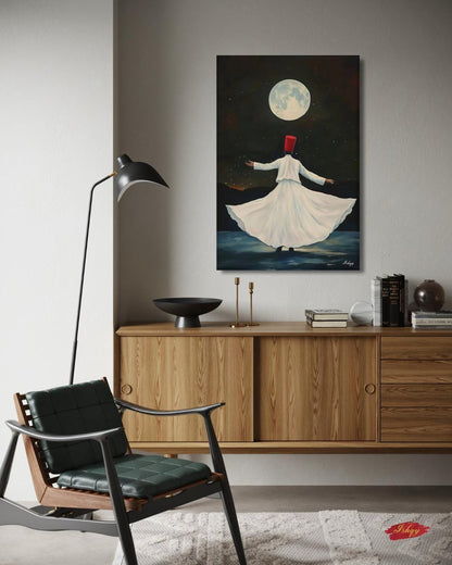Whirling Dervish Wall Art Sufi Dance Canvas Rumi Inspired Moonlit Painting Spiritual Islamic Art Meditation Home Decor