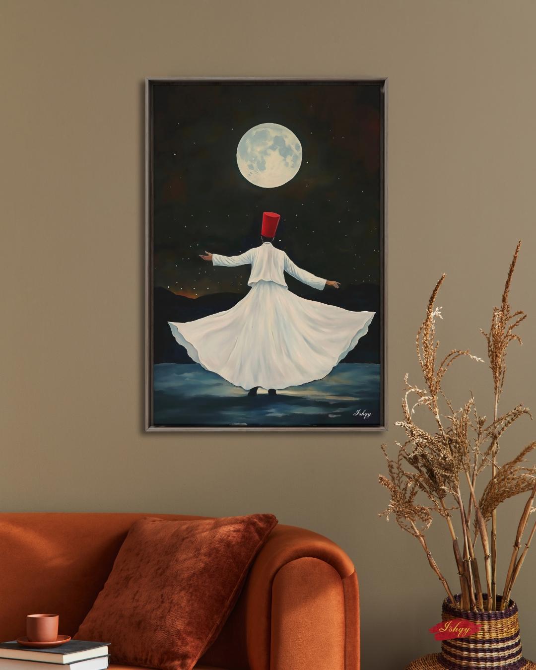 Whirling Dervish Wall Art Sufi Dance Canvas Rumi Inspired Moonlit Painting Spiritual Islamic Art Meditation Home Decor
