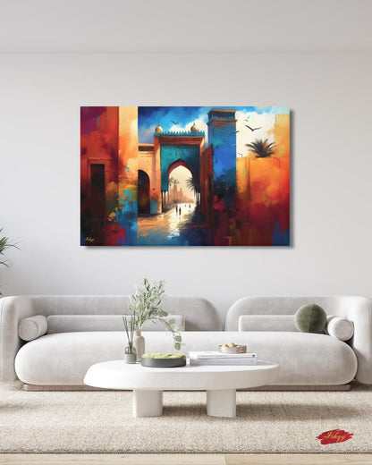 Marrakesh Wall Art, Morocco City Gate Painting Print, Colorful Medina Architecture, Boho Travel Decor, Islamic Archway Canvas Art