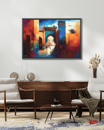 Marrakesh Wall Art, Morocco City Gate Painting Print, Colorful Medina Architecture, Boho Travel Decor, Islamic Archway Canvas Art