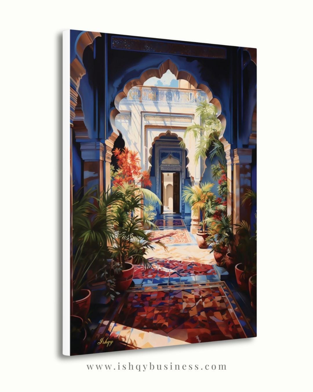 Moroccan Courtyard Wall Art, Riad Arch Painting, Islamic Architecture Canvas, Mediterranean Home Decor, Travel Art Print